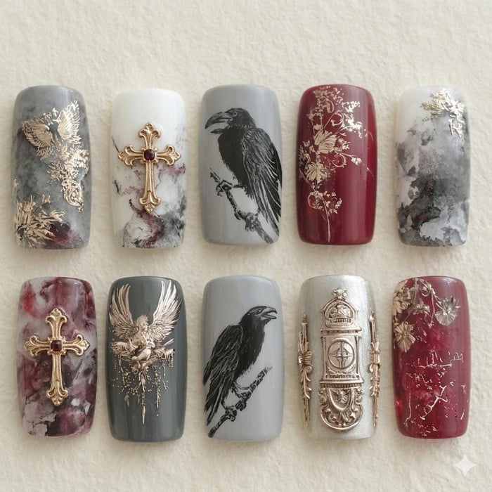 Gothic Raven and Burgundy Marble Press On Nail Set with Gold Crosses