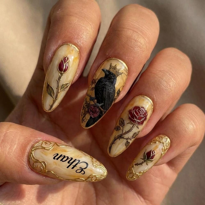 Gothic Raven and Crimson Rose Press-On Nails with Gold Filigree