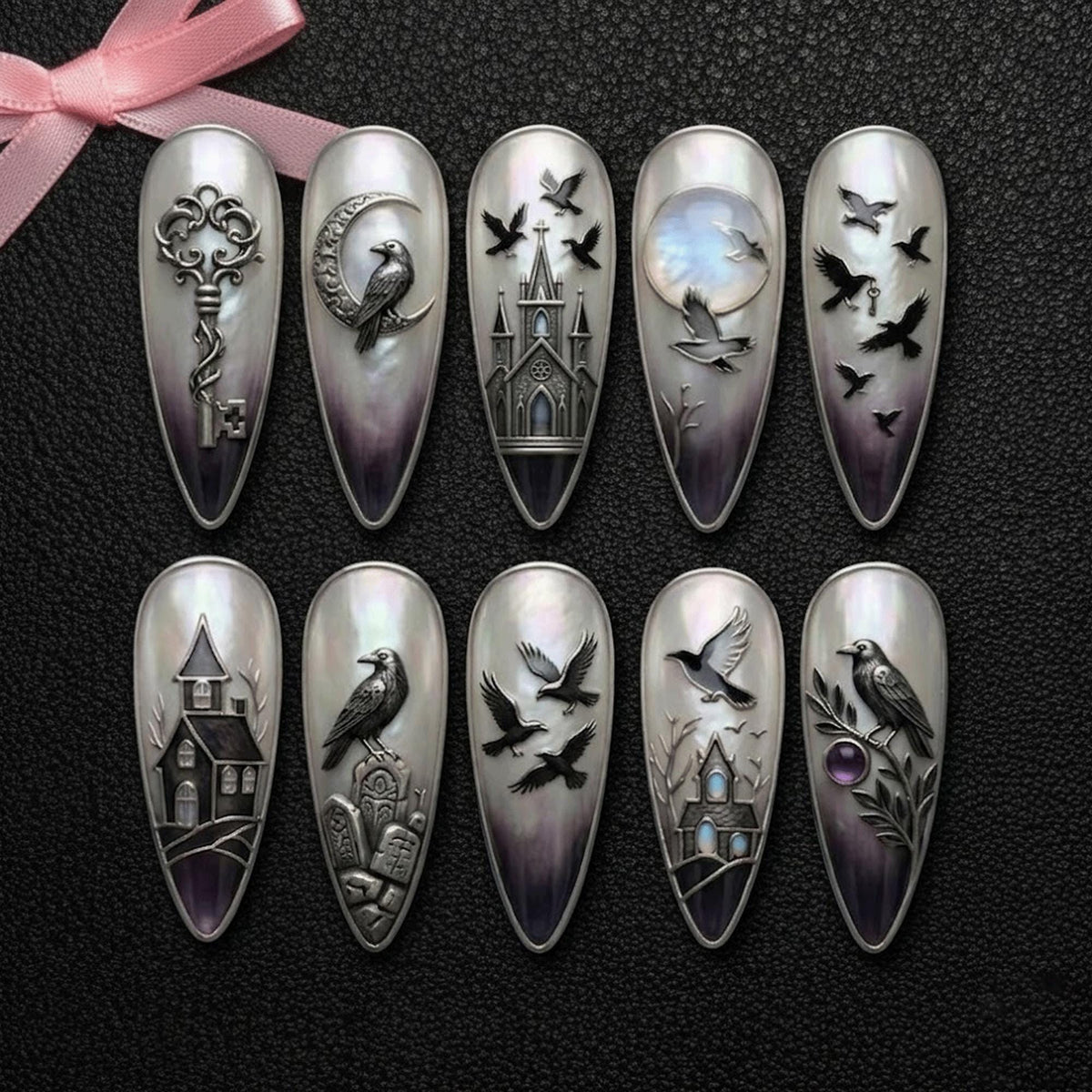 Gothic Raven Moon Nails With Silver Pearlescent Ombre and Cathedral Details