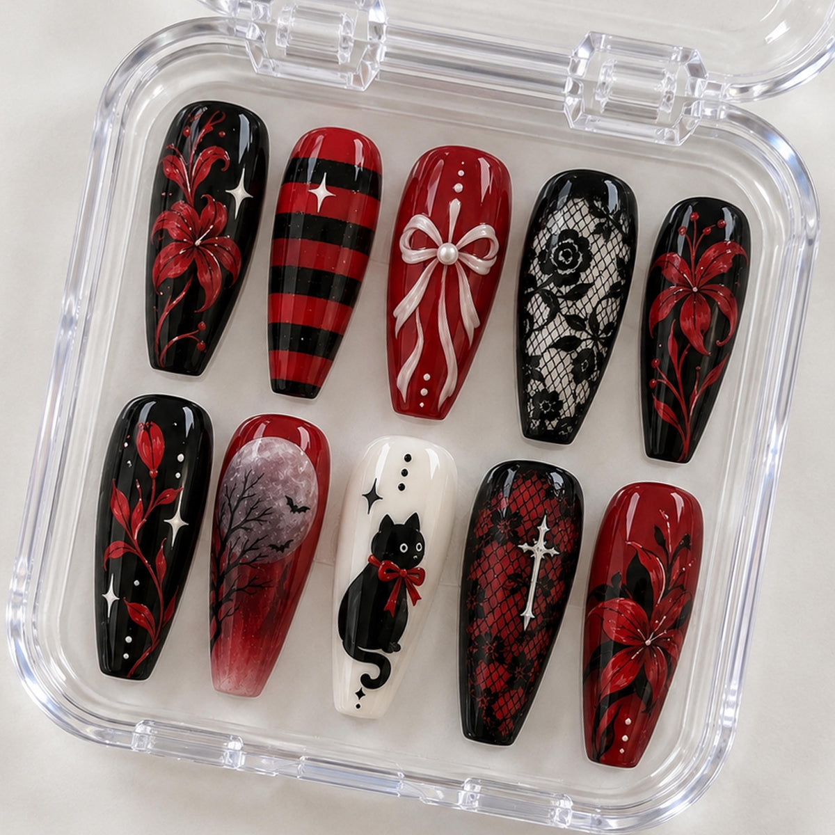 Gothic Red and Black Nail Set with Floral Vines, Lace, Bows and Cat Art
