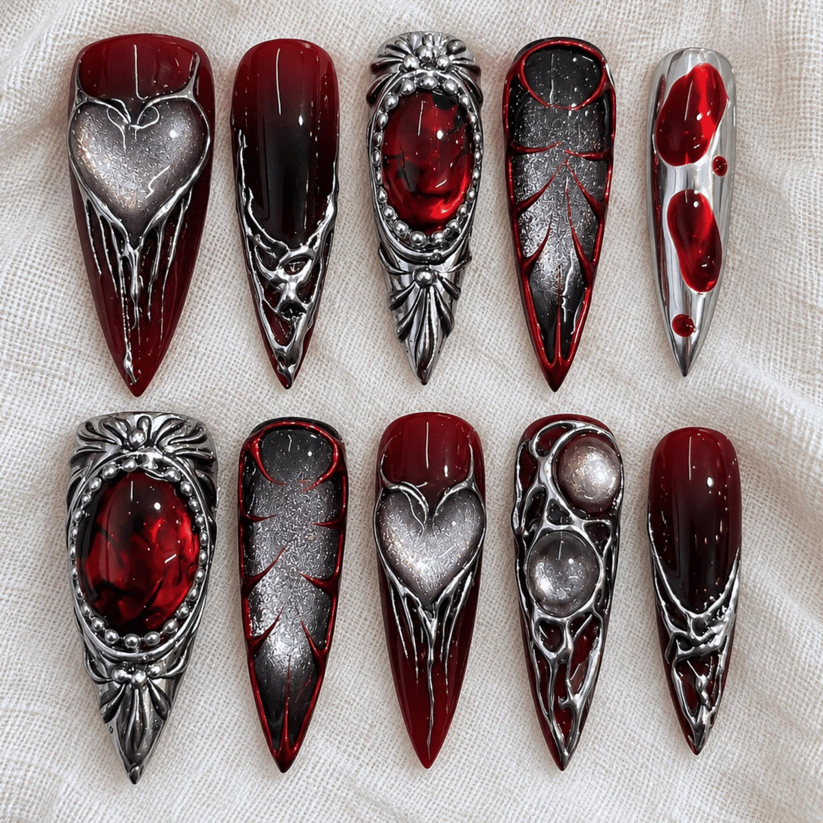 Gothic Red and Black Press On Nails With Silver Frames and Heart Details