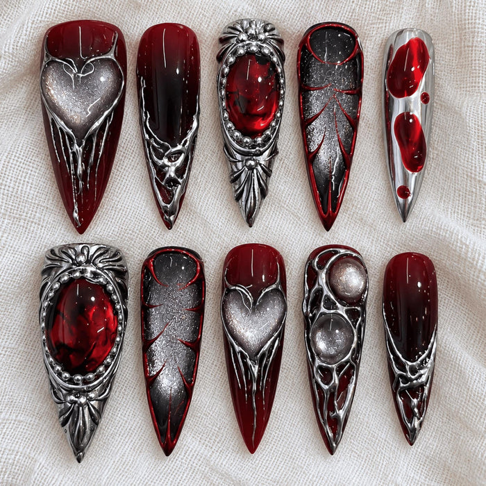 Gothic Red and Black Press On Nails With Silver Frames and Heart Details