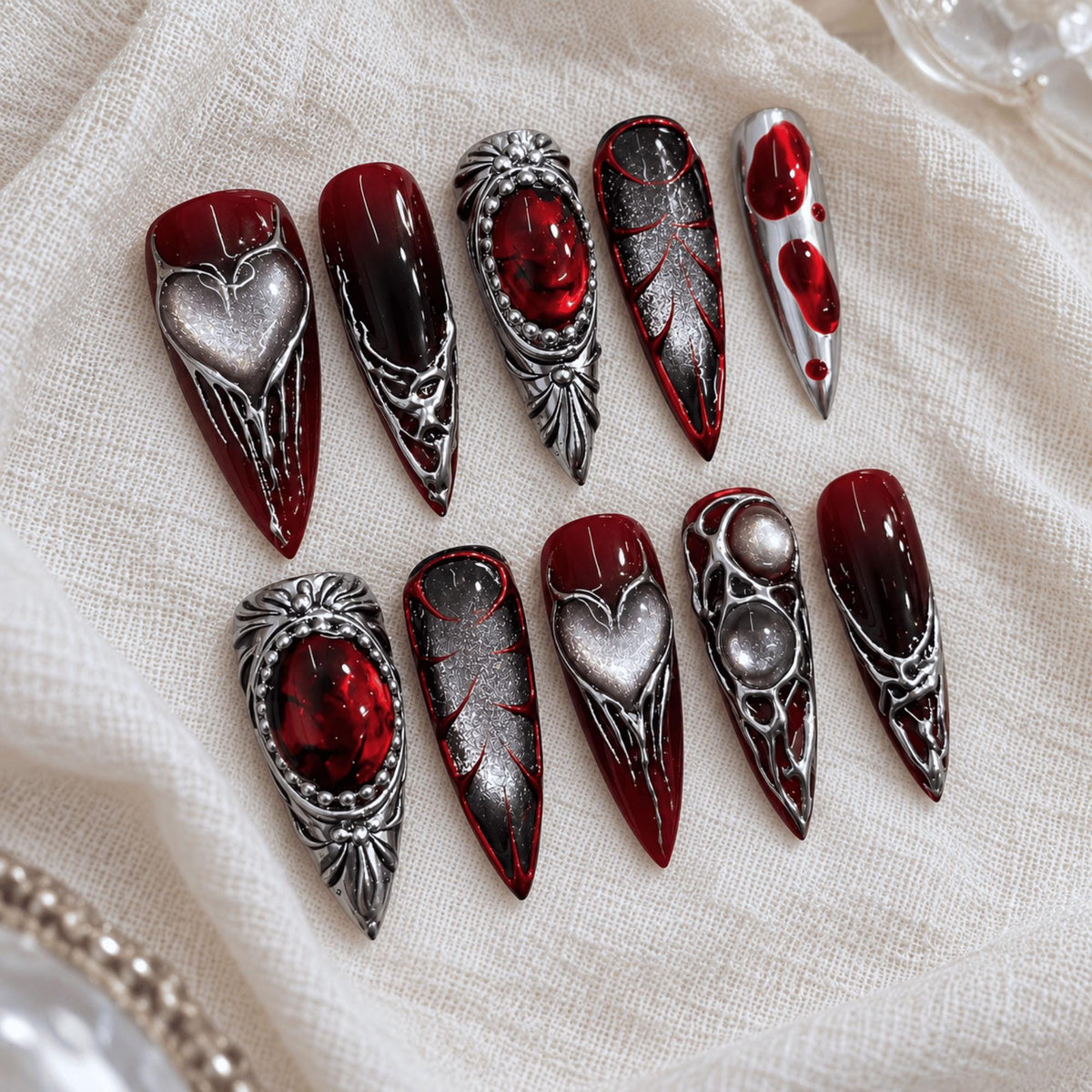 Gothic Red and Black Press On Nails With Silver Frames and Heart Details