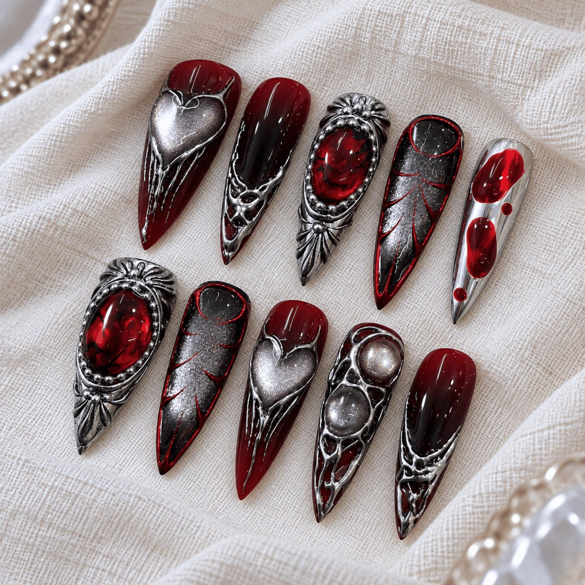 Gothic Red and Black Press On Nails With Silver Frames and Heart Details