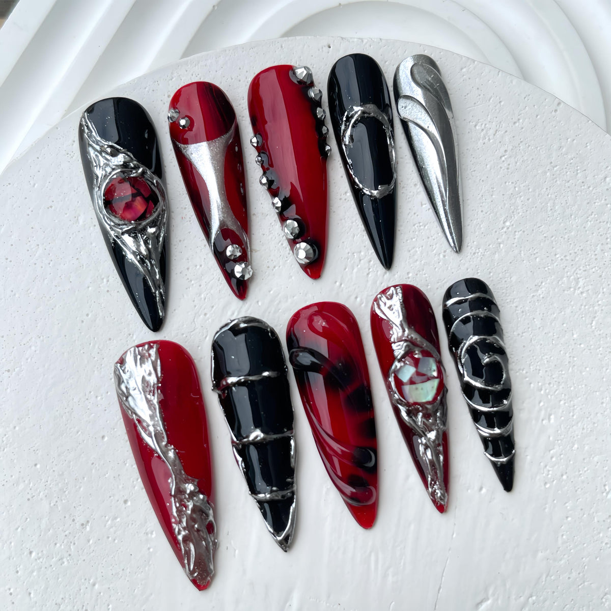 Gothic Red, Black and Silver Chrome Press-On Nail Set with Rhinestones