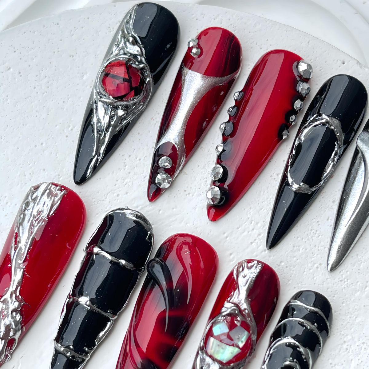 Gothic Red, Black and Silver Chrome Press-On Nail Set with Rhinestones