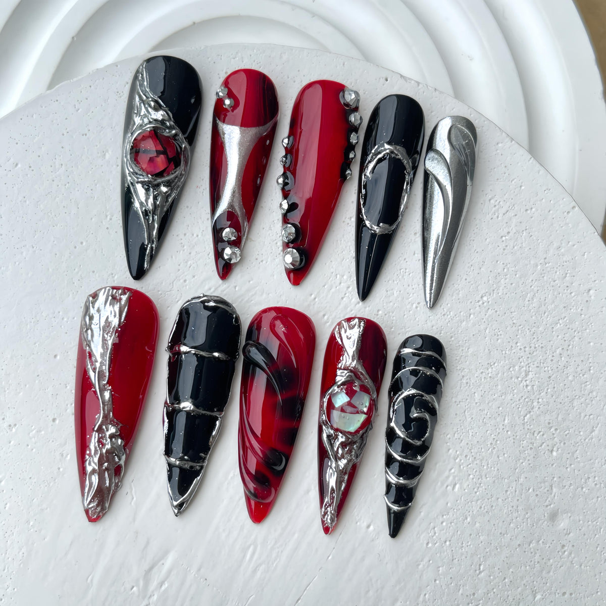 Gothic Red, Black and Silver Chrome Press-On Nail Set with Rhinestones