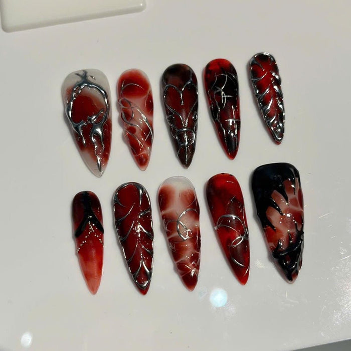 Gothic Red Marble Press On Nails with Silver Vein and Handprint Details