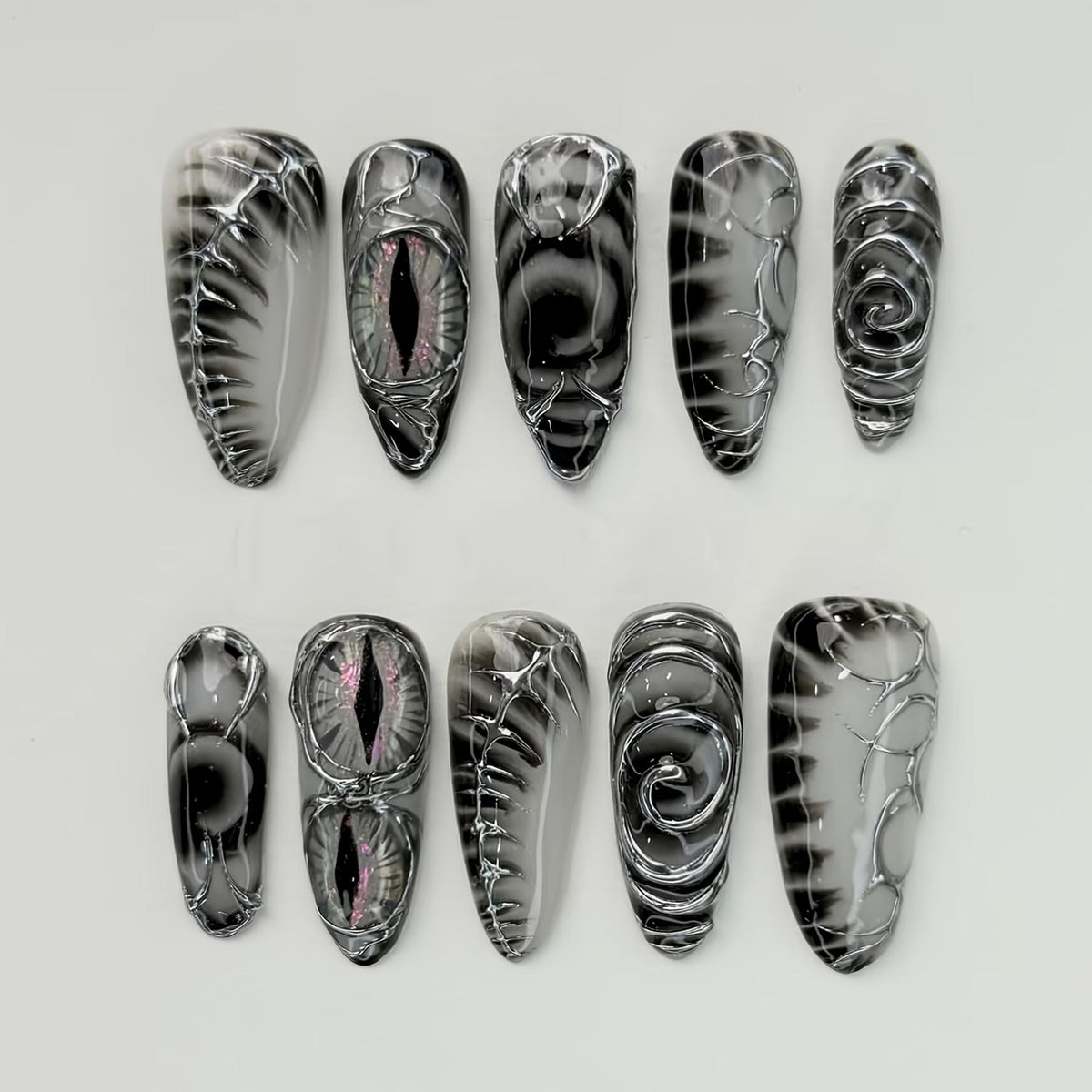 Gothic Reptilian Eye Press-On Nails in Smoky Black and Silver Marble