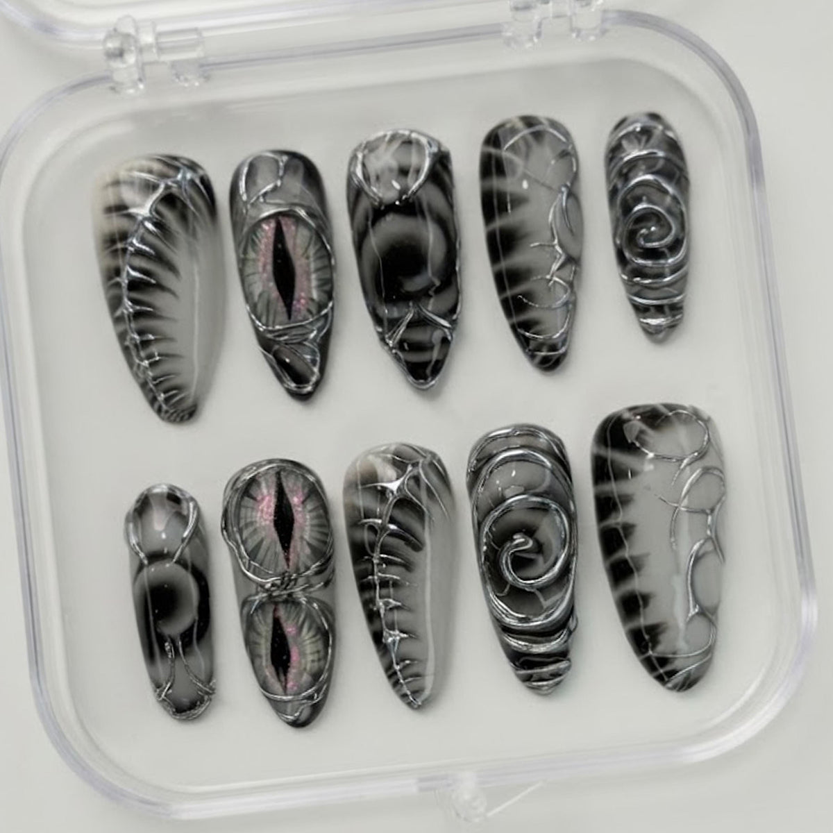 Gothic Reptilian Eye Press-On Nails in Smoky Black and Silver Marble