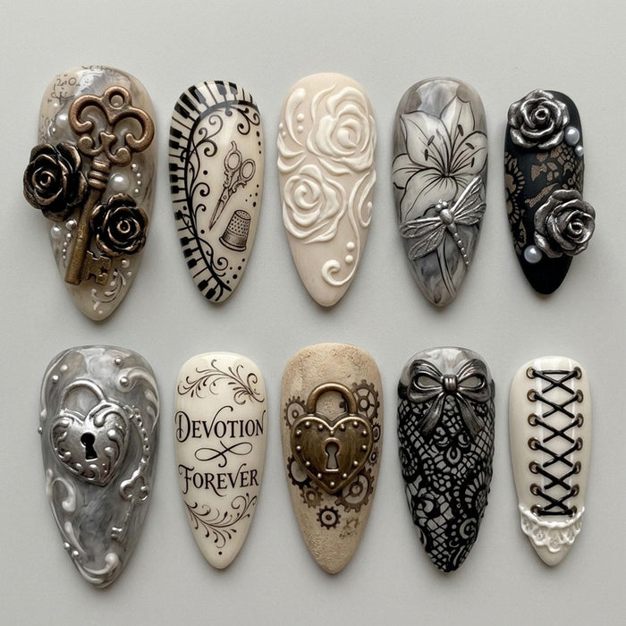 Gothic Romance Press On Nails With Lace, Roses, Gears, Bows, and Lock-and-Key Details