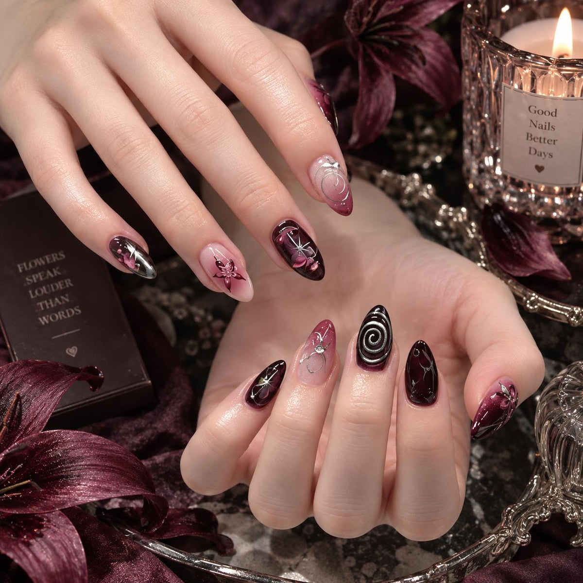 Gothic Romantic Burgundy Floral Nails With Silver Linework and Starburst Details