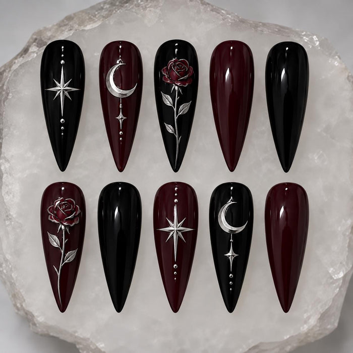 Gothic Rose and Celestial Press On Nails in Black and Burgundy