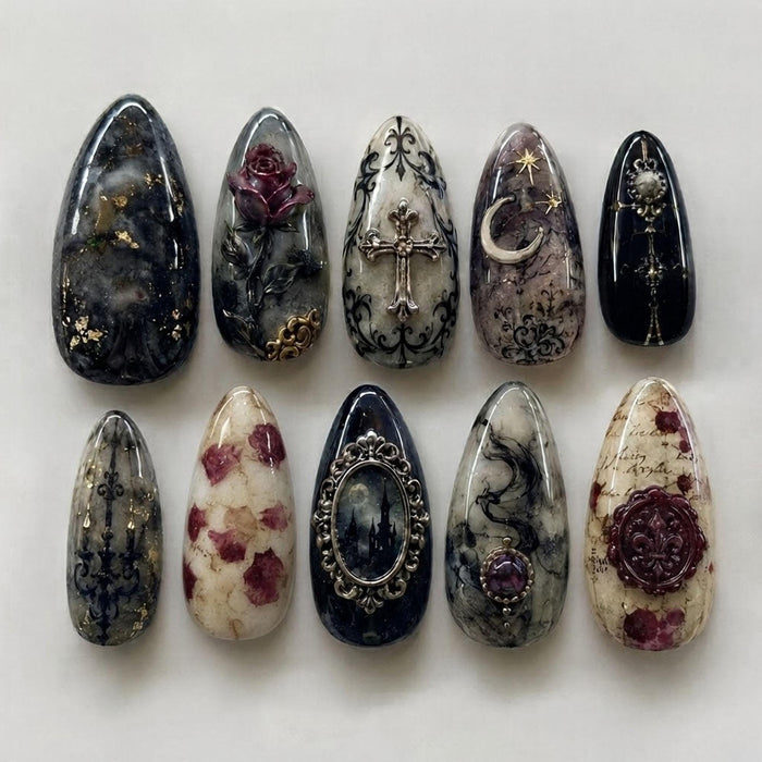Gothic Rose and Celestial Press-On Nails with Crosses and Gold Details