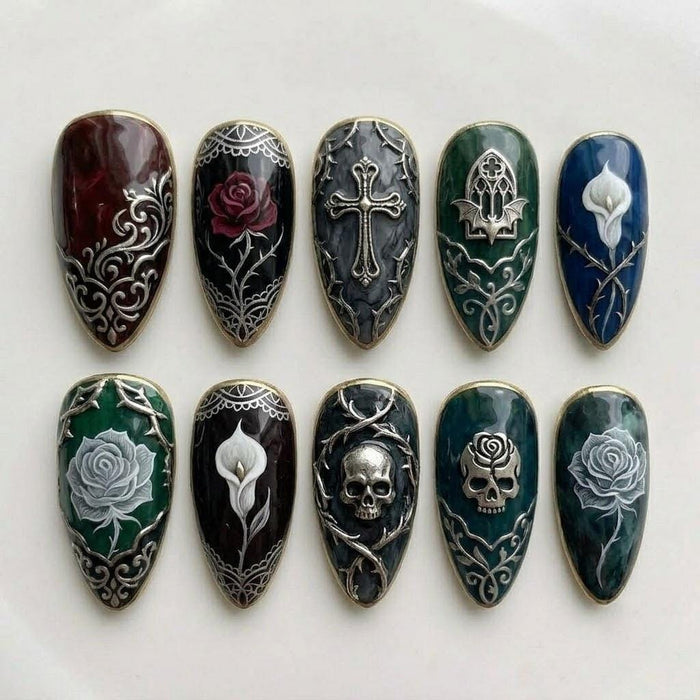 Gothic Rose and Skull Press On Nails With Silver Filigree