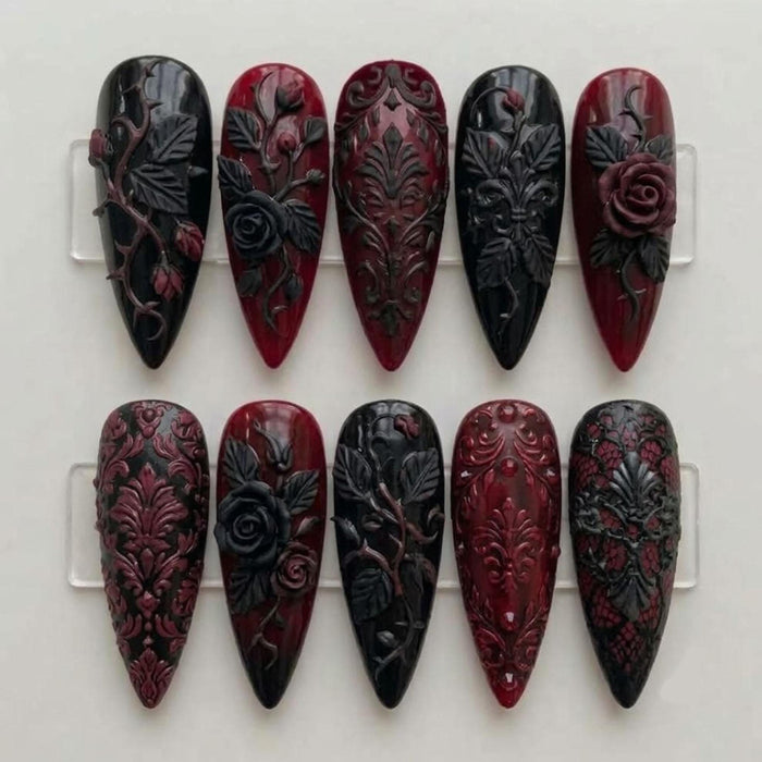 Gothic Rose and Thorn Vine Press On Nail Set in Black and Burgundy for Halloween