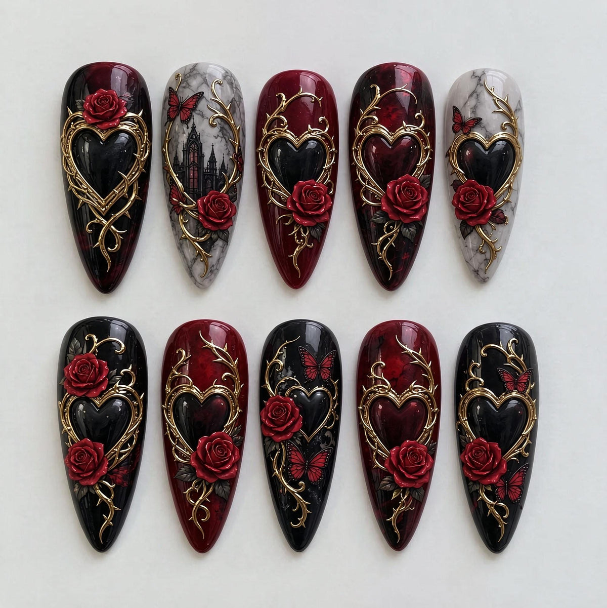 Gothic Rose Press On Nails with Gold Scrollwork, Hearts & Butterflies
