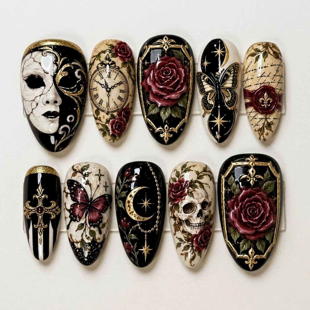 Gothic Rose Skull and Butterfly Nails With Antique Gold Baroque Art