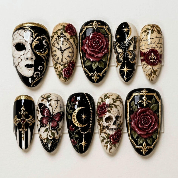Gothic Rose Skull and Butterfly Press On Nails With Antique Gold Baroque Art