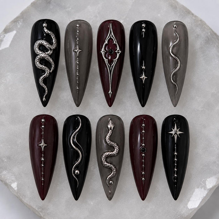 Gothic Serpent Press On Nails in Black, Charcoal, and Burgundy with Silver Details