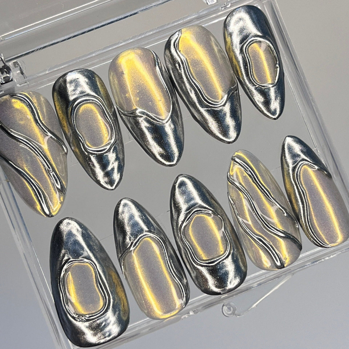 Gothic Silver Chrome and Gold Sculptural Metallic Nail Set