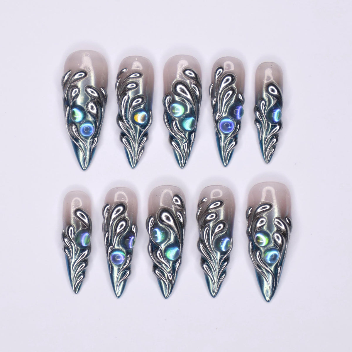 Gothic Silver Chrome Scroll Press-On Nails With Iridescent Blue-Green Accents