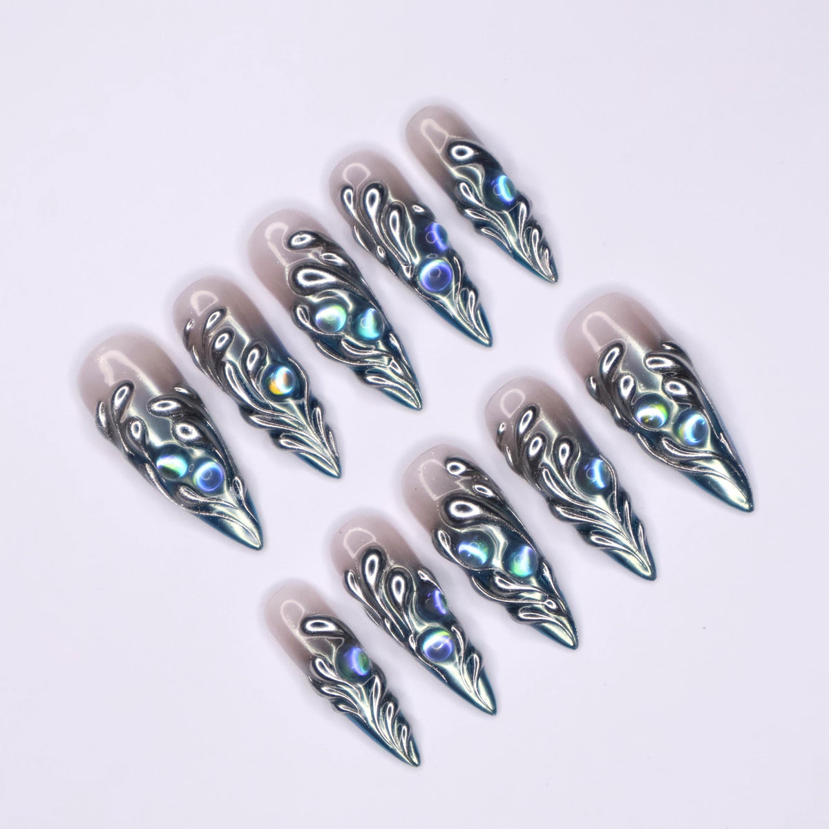 Gothic Silver Chrome Scroll Press-On Nails With Iridescent Blue-Green Accents