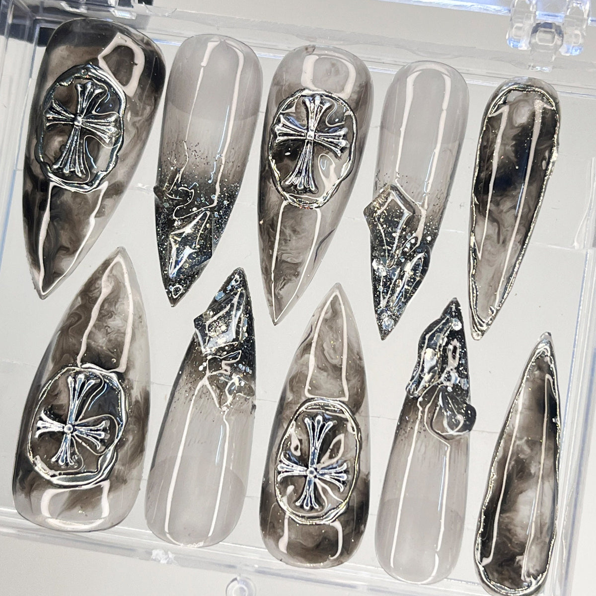 Gothic Silver Cross Nails With Smoky Black Marble and Clear Accents