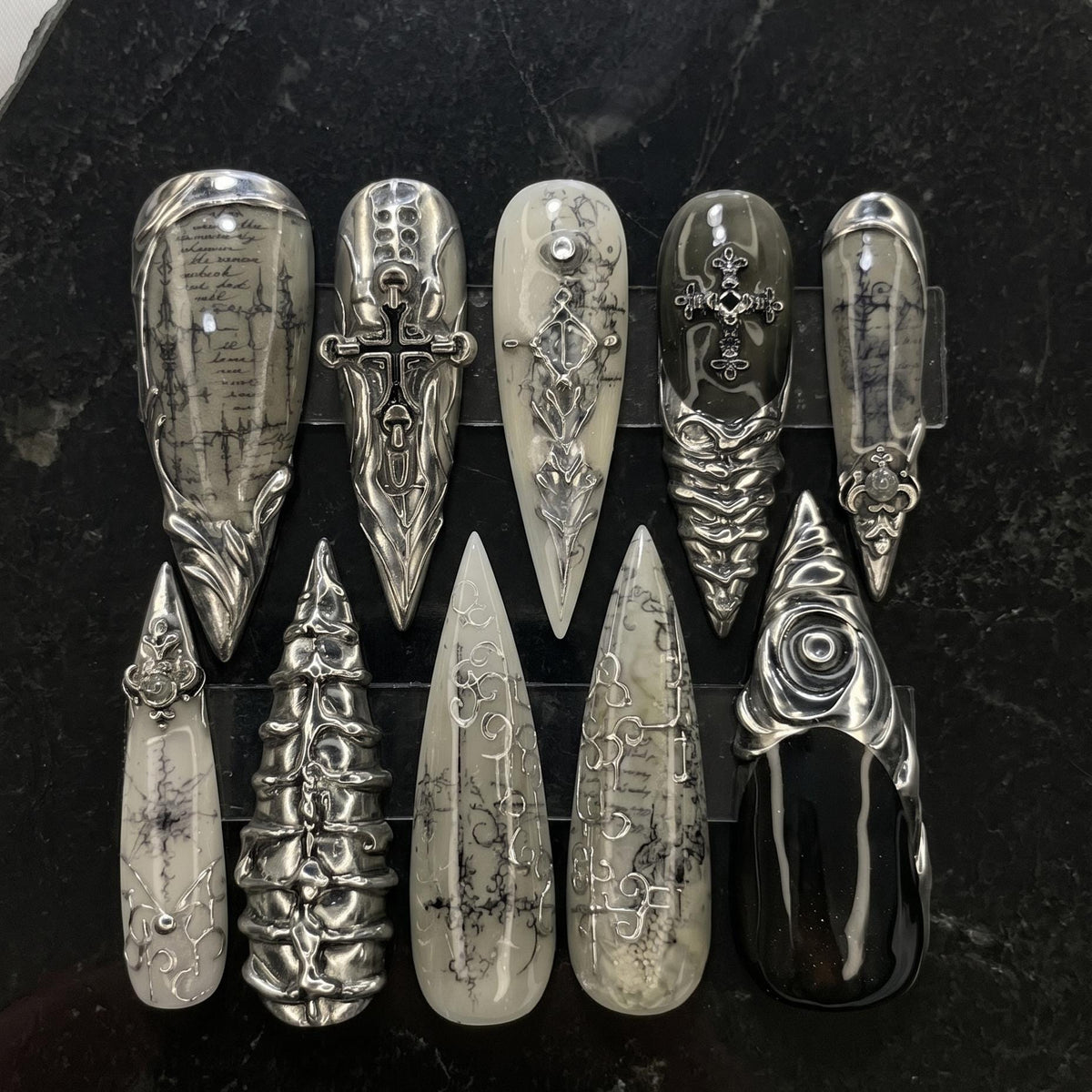 Gothic Silver Cross Press-On Nails With Raised Scrollwork and Dark Script