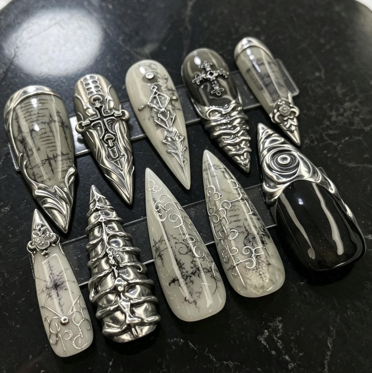 Gothic Silver Cross Press-On Nails With Raised Scrollwork and Dark Script