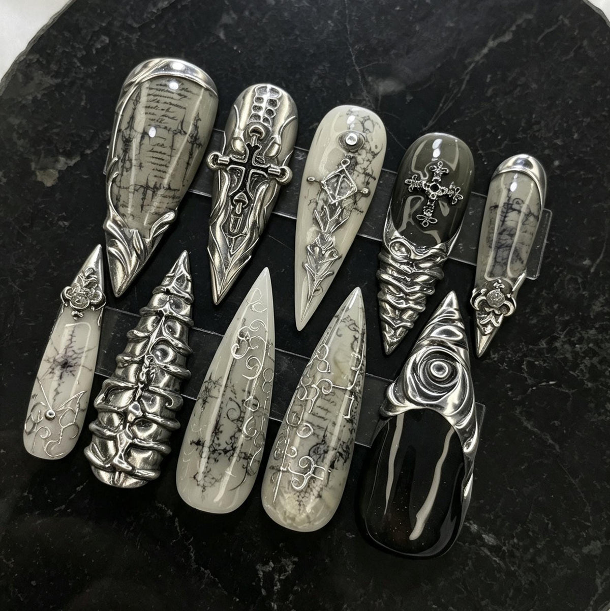 Gothic Silver Cross Press-On Nails With Raised Scrollwork and Dark Script
