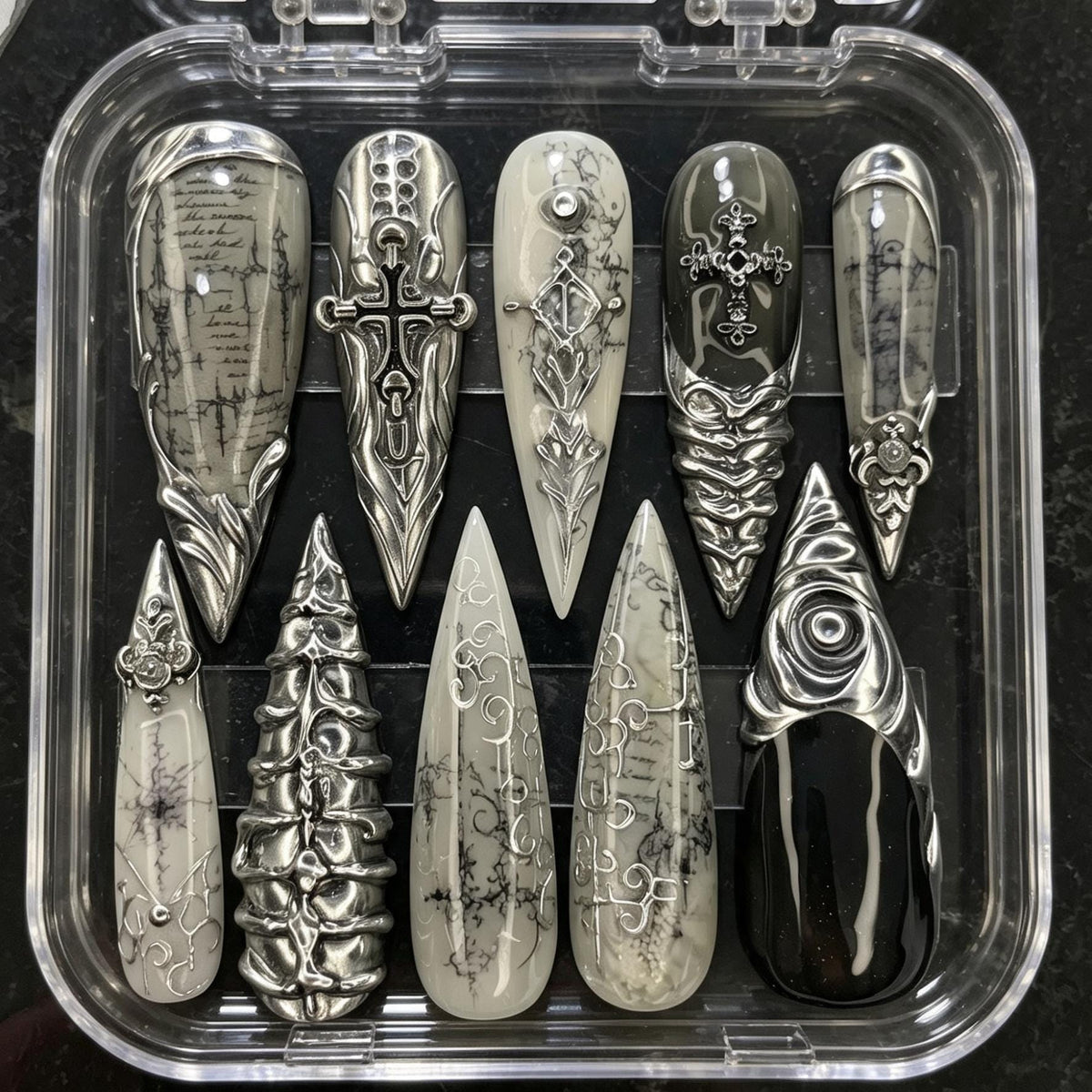 Gothic Silver Cross Press-On Nails With Raised Scrollwork and Dark Script