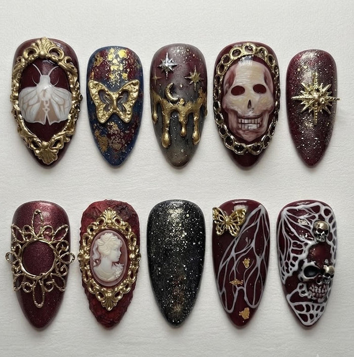 Gothic Skull and Moth Cameo Press On Nails With Gold Filigree and Spiderweb Details