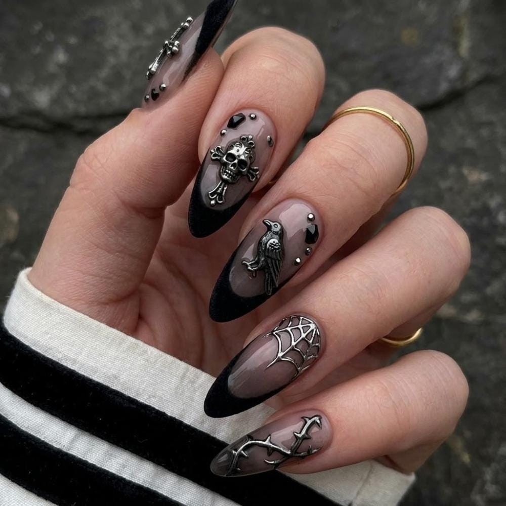 Gothic Skull and Raven French Tip Nail Set with Silver Charms