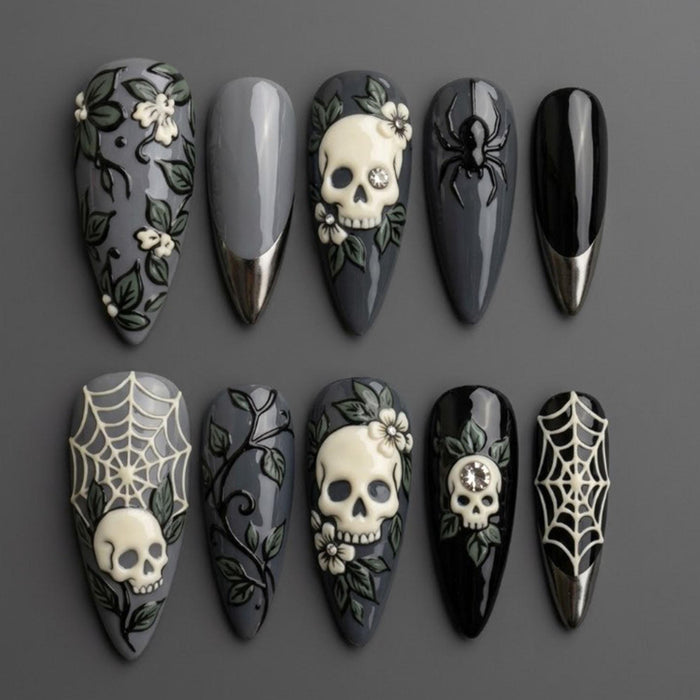 Gothic Skull, Spider and Floral Press On Nails with Chrome French Tips