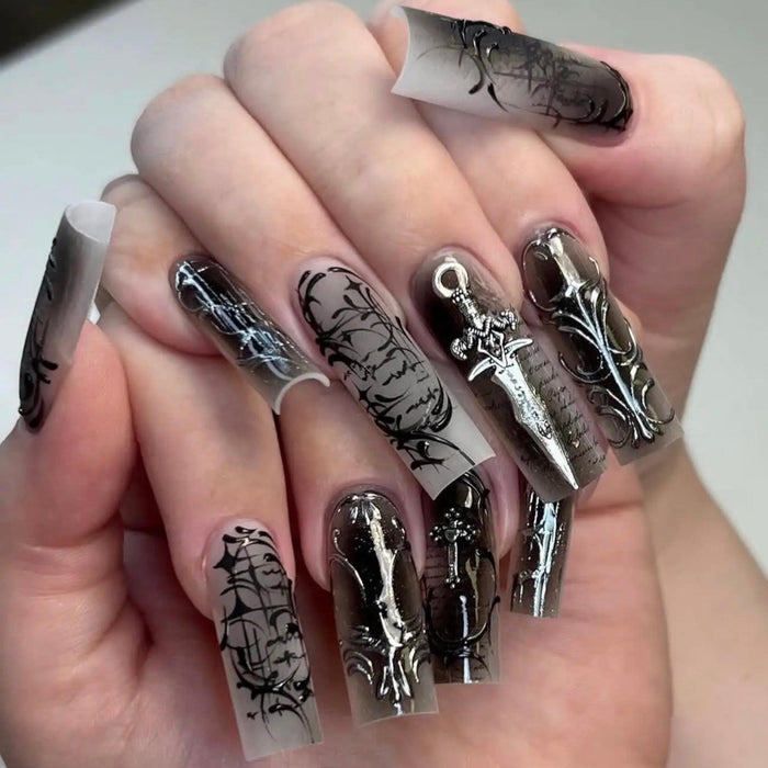 Gothic Smoky Black Press On Nails With Silver Sword and Cross Accents