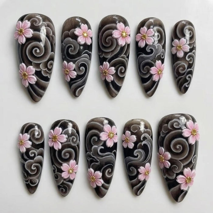 Gothic Smoky Marble Press On Nails with 3D Pink Cherry Blossoms and Scrollwork