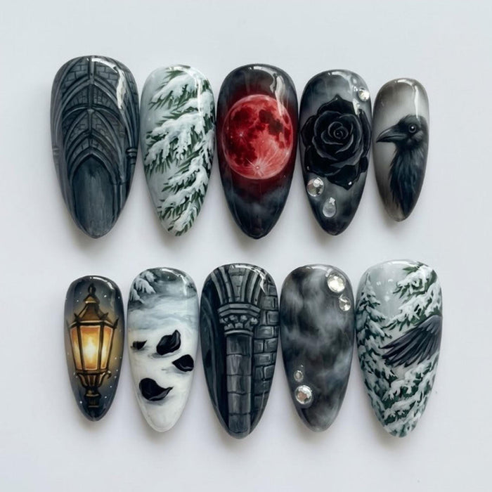 Gothic Snowy Forest Press On Nail Set With Blood Moon, Raven, Rose and Lantern