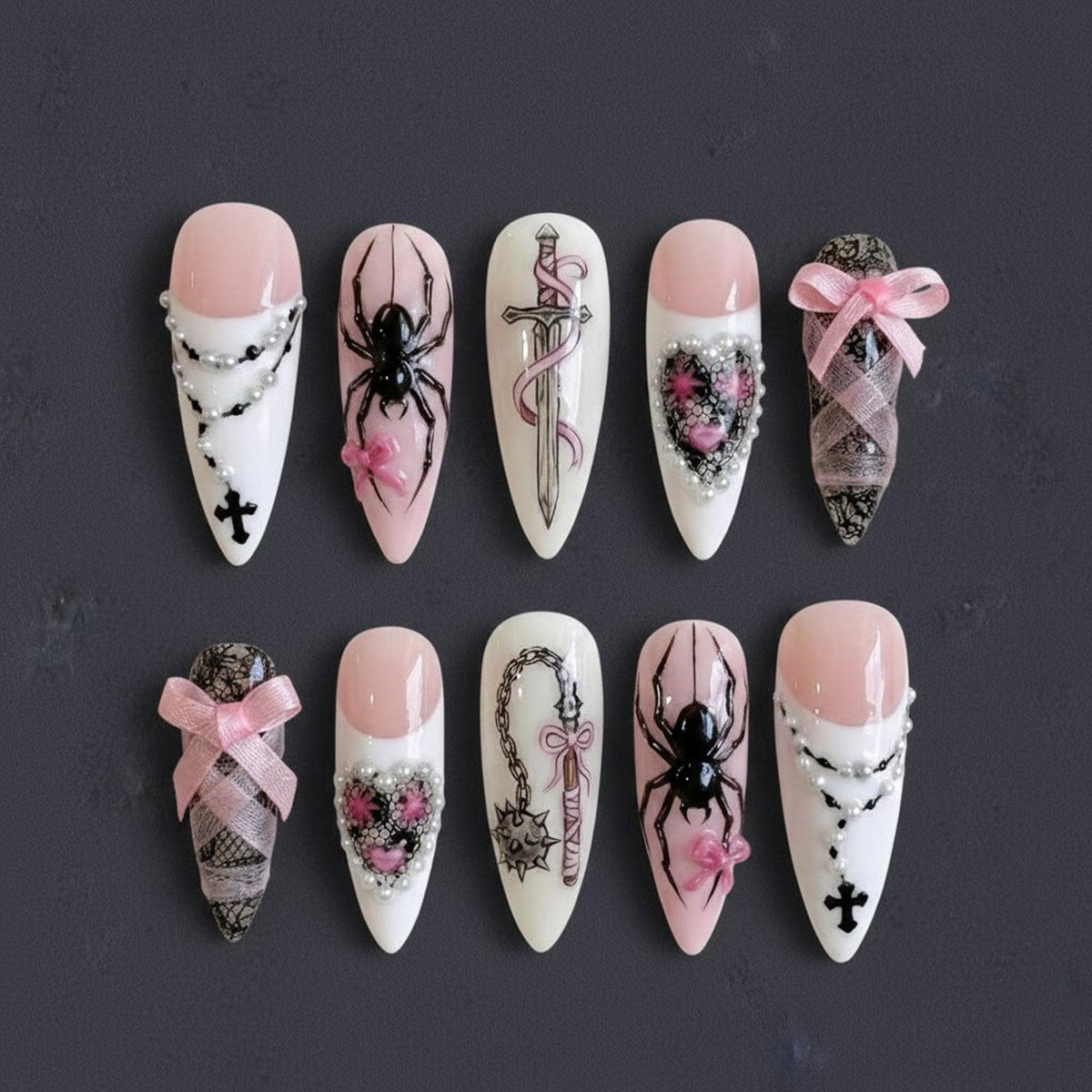 Gothic Spider and Pink Ribbon Press On Nails with Bows and Pearl-Edged Hearts