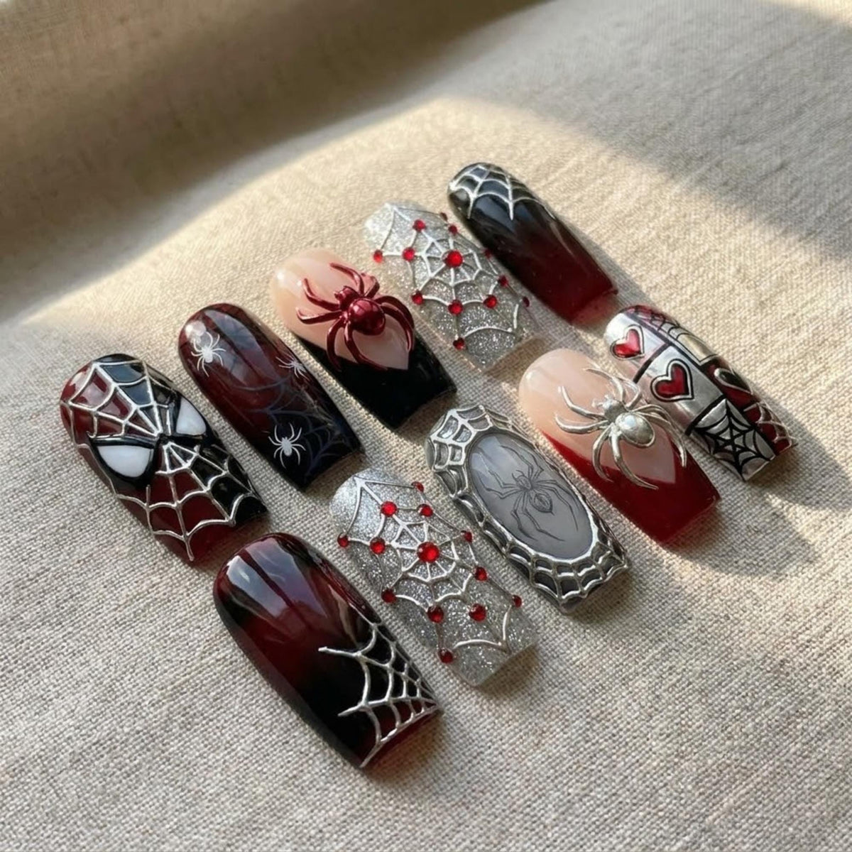 Gothic Spider Nails in Black, Deep Red, Silver Glitter and Web Art