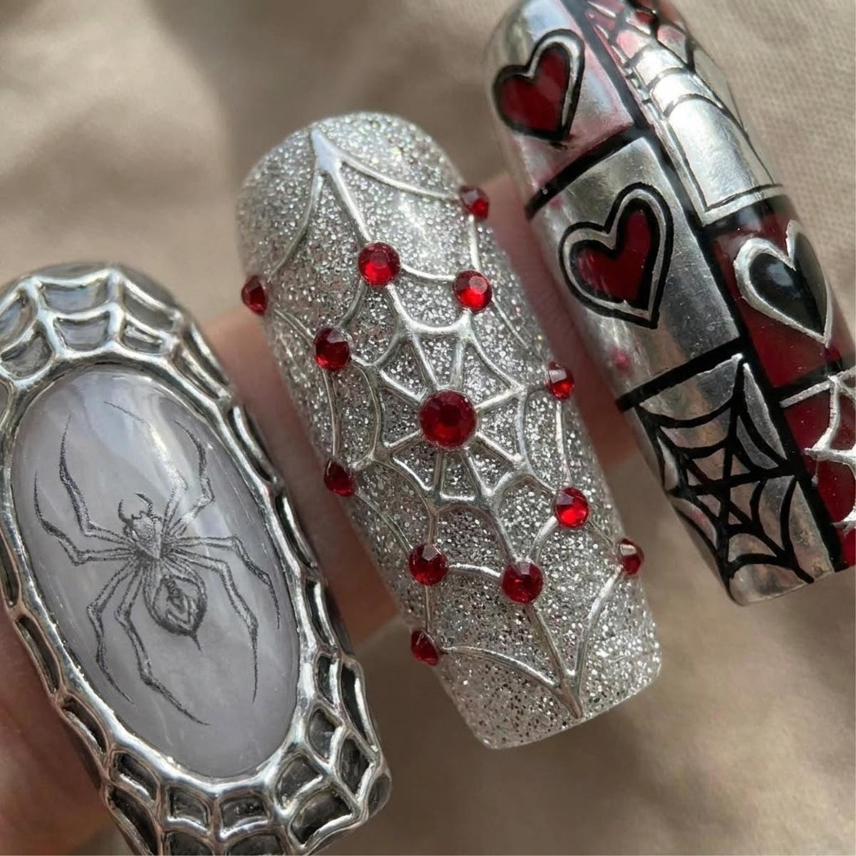 Gothic Spider Nails in Black, Deep Red, Silver Glitter and Web Art