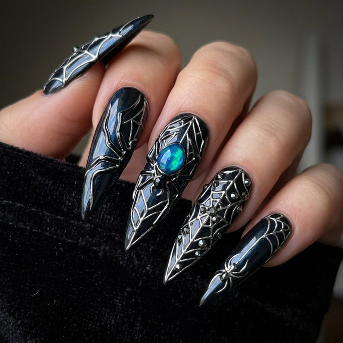 Gothic Spider Web Press On Nails With Silver Chrome Lines and Iridescent Gems