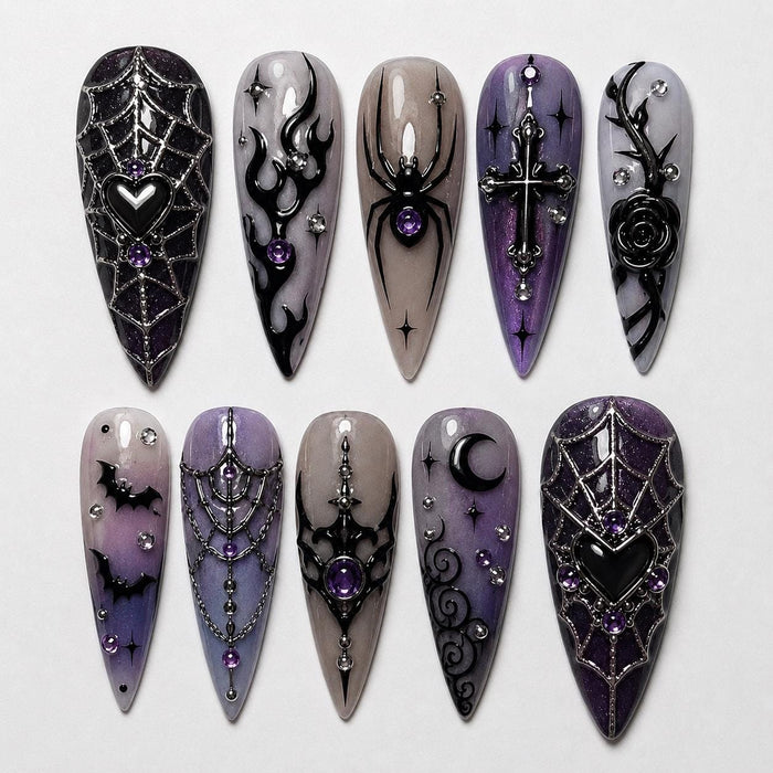 Gothic Spiderweb and Bat Press On Nail Set in Purple, Gray, and Black