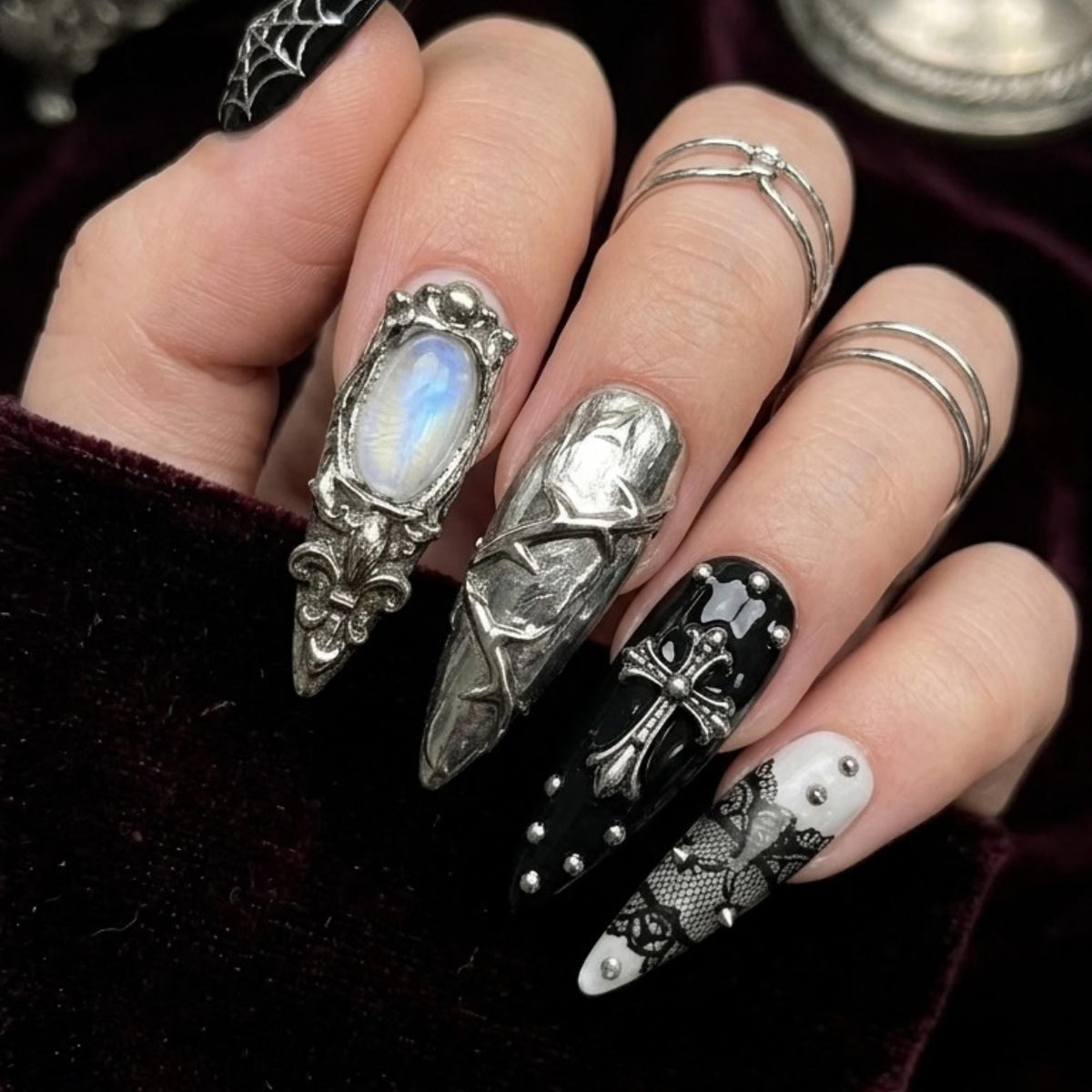 Gothic Spiderweb, Lace and Silver Cross Press On Nails