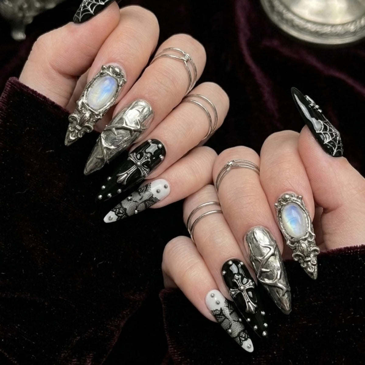 Gothic Spiderweb, Lace and Silver Cross Press On Nails