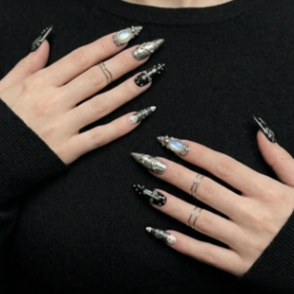 Gothic Spiderweb, Lace and Silver Cross Press On Nails