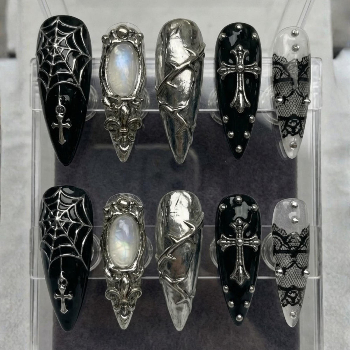 Gothic Spiderweb, Lace and Silver Cross Press On Nails