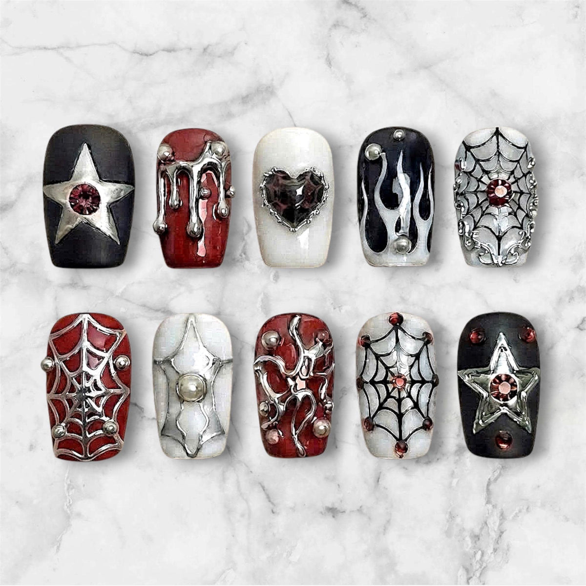 Gothic Spiderweb Press-On Nails With Red Rhinestones, Stars and Silver Details