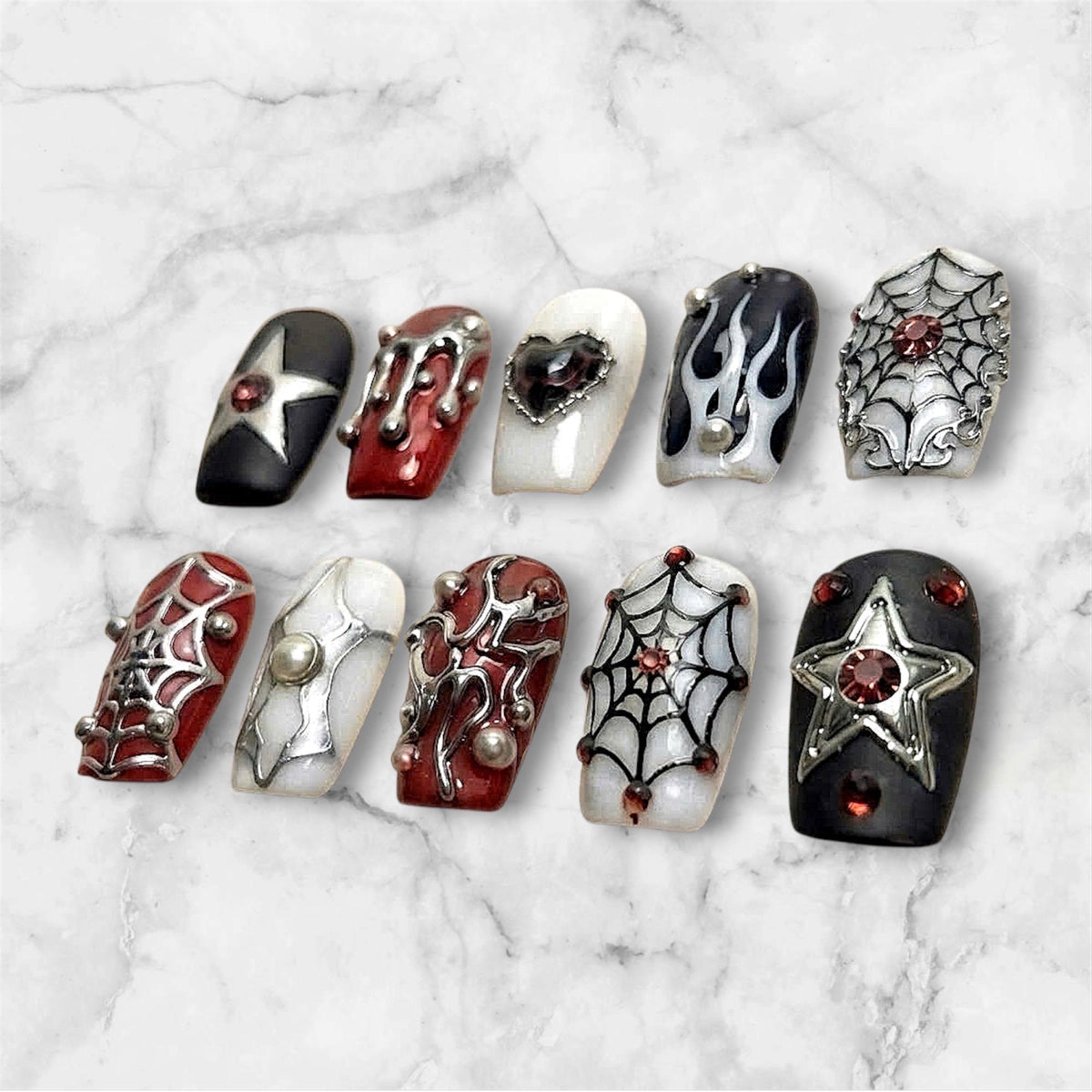 Gothic Spiderweb Press-On Nails With Red Rhinestones, Stars and Silver Details