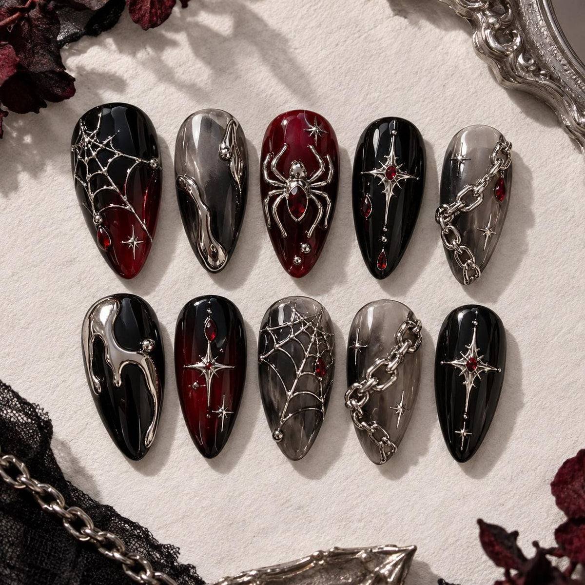 Gothic Spiderweb Press On Nails with Silver Chains and Red Gems